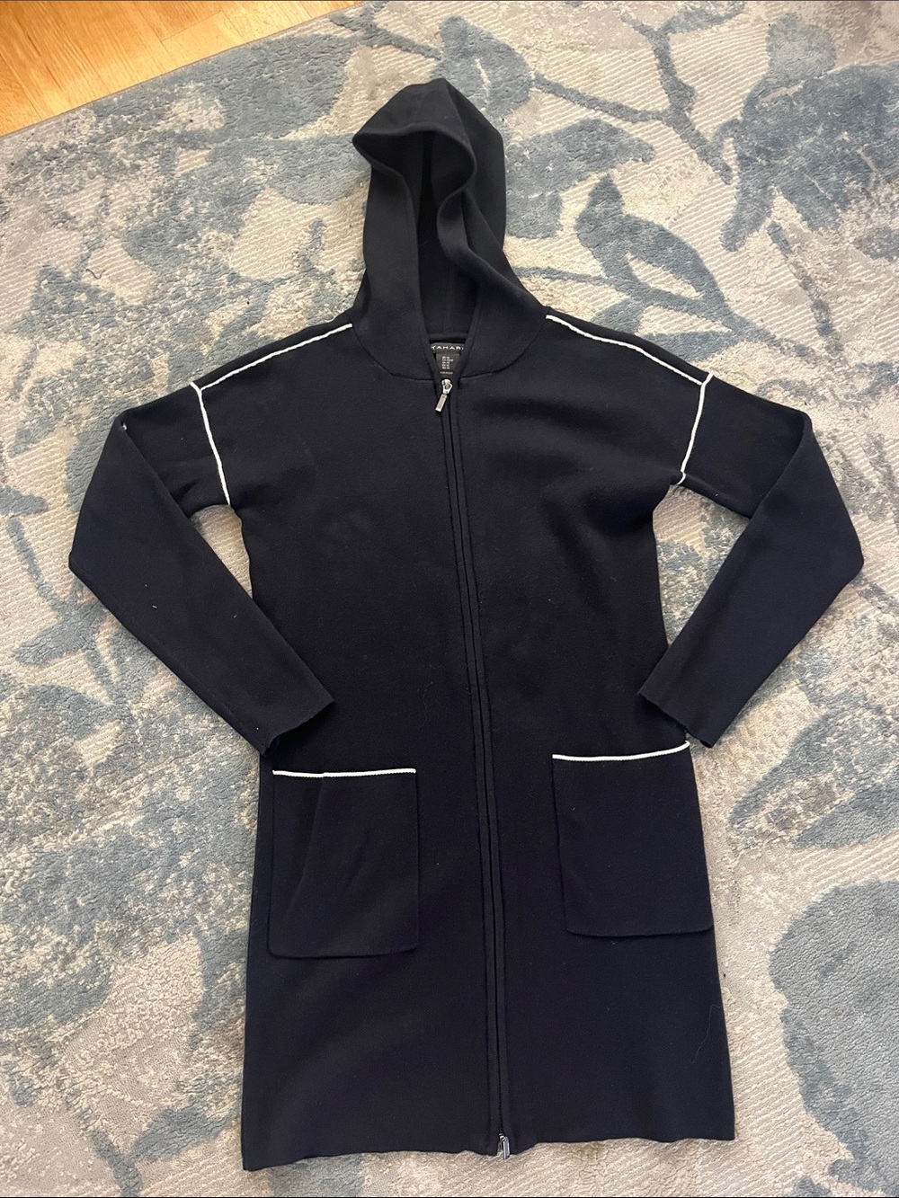 Tahari Black Hooded Zip Trench Coat with White Piping